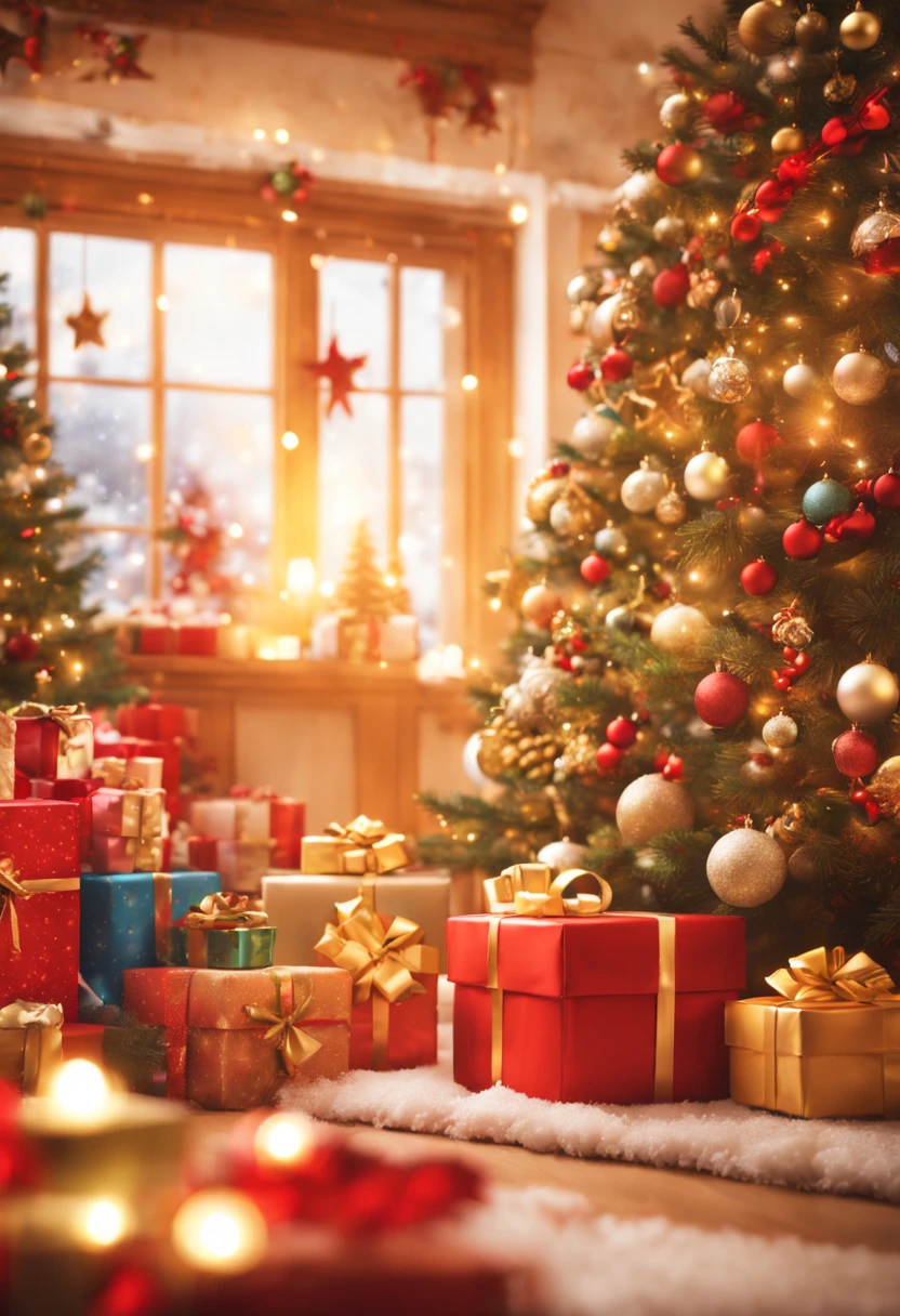 high quality 4k,photorealistic,Christmas presents in Chinese Room,decorated tree with colorful lights,ornaments hanging from the branches,warm atmosphere,wrapped gifts under the tree,festive decorations,sparkling tinsels and ribbons,beautifully wrapped presents with different patterns,snowflakes falling from the ceiling,soft and cozy carpet on the floor,toys and stuffed animals scattered around the room,smiling children excitedly opening their gifts,candles flickering on a nearby table,golden shimmering garlands,wreaths adorning the walls,a fireplace crackling with warm fire,stockings hanging by the mantle,magical Christmas music playing in the background,snow-covered window with a view of a snowy landscape outside.