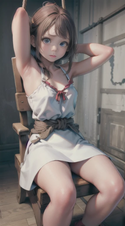 (masterpiece)), ((best quality)), (ultra-detailed), NSFW, ,((torture chamber)),a cute girl, 1girl, solo, (white tanktop dress),(rope bound arms), ((tied to an torture chair)), BDSM,shibari,restrained,((thin waist)),(((Torture that tightens the waist with a rope))),beautiful brown hair, beautiful blue eyes, (beautiful eyes), long hair,troubled expression