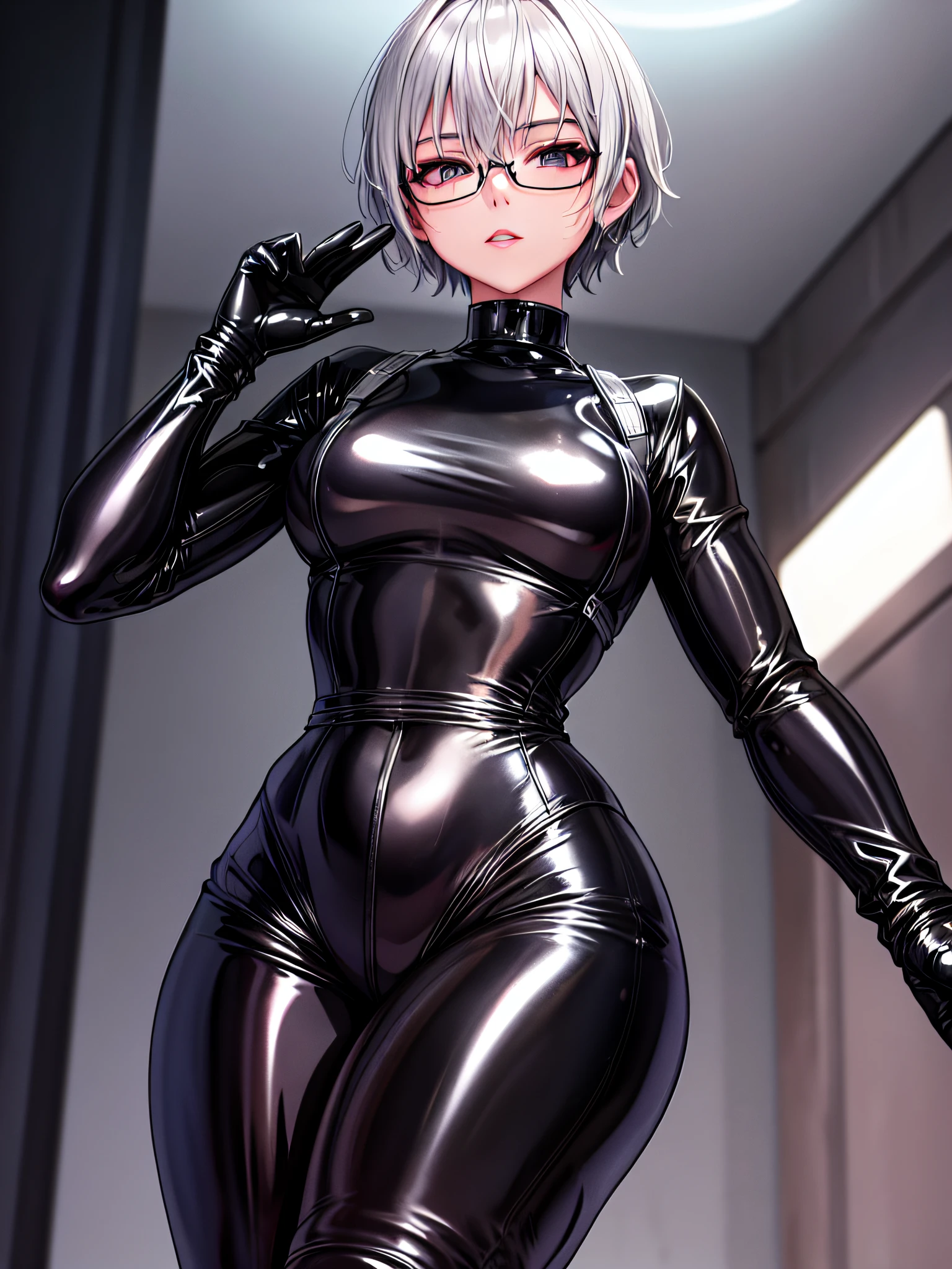 Top quality 8K UHD、A beauty with short silver hair and glasses、Black metallic latex sweatsuit posing with open legs、black metallic latex sweatsuit with hidden skin