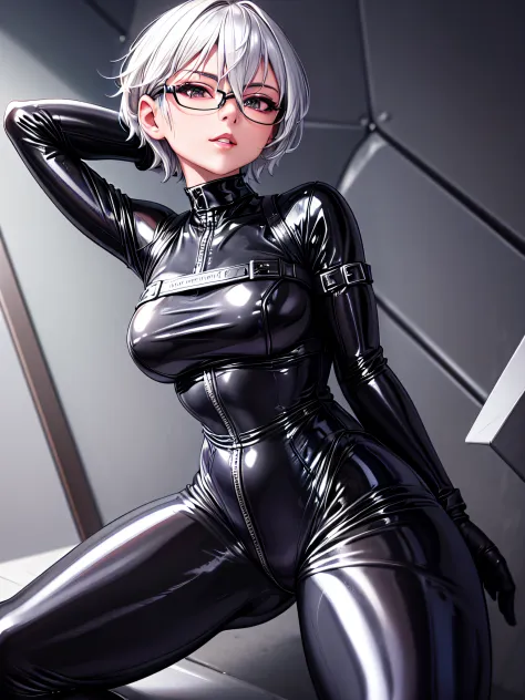 Top quality 8K UHD、A beauty with short silver hair and glasses、Black metallic latex sweatsuit posing with open legs、black metall...