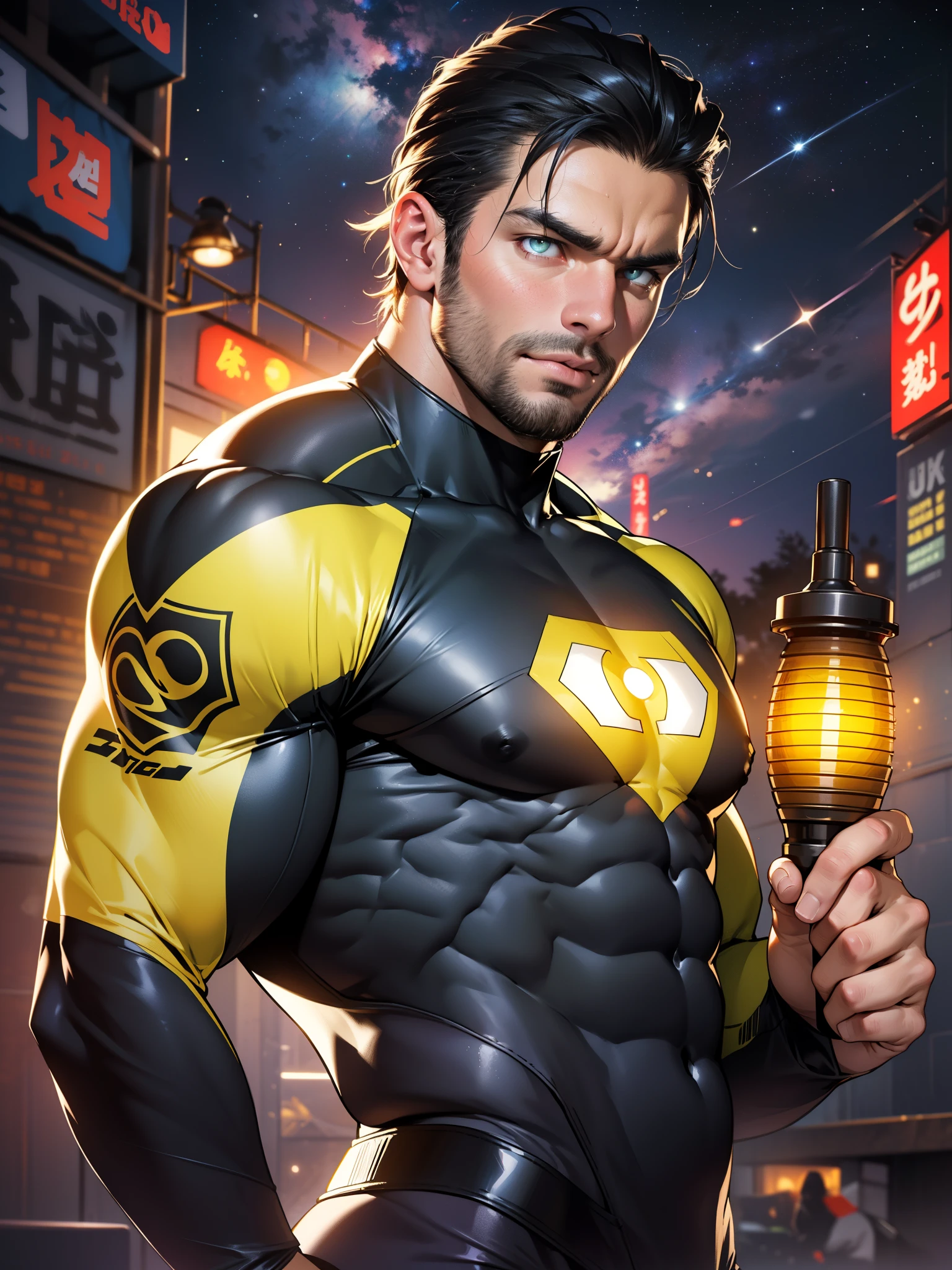 An award-winning original photo，A wild muscular man, (30 years old man:1.3), 1boy, Solo, (wearing a (yellow lantern) metal suit), (yellow ring on a finger), spikes, neon stripes, black hair, (big shoulder), muscular, hunk,  stubbles, Short beard, (Detailed face:1.3), (beautiful eyes:1.2), really angry, Dynamic Angle, volumetric lighting, (Best quality, A high resolution, Photorealistic), Cinematic lighting, Masterpiece, RAW photo, Intricate details, hdr, depth of field, upper body shot, in space background