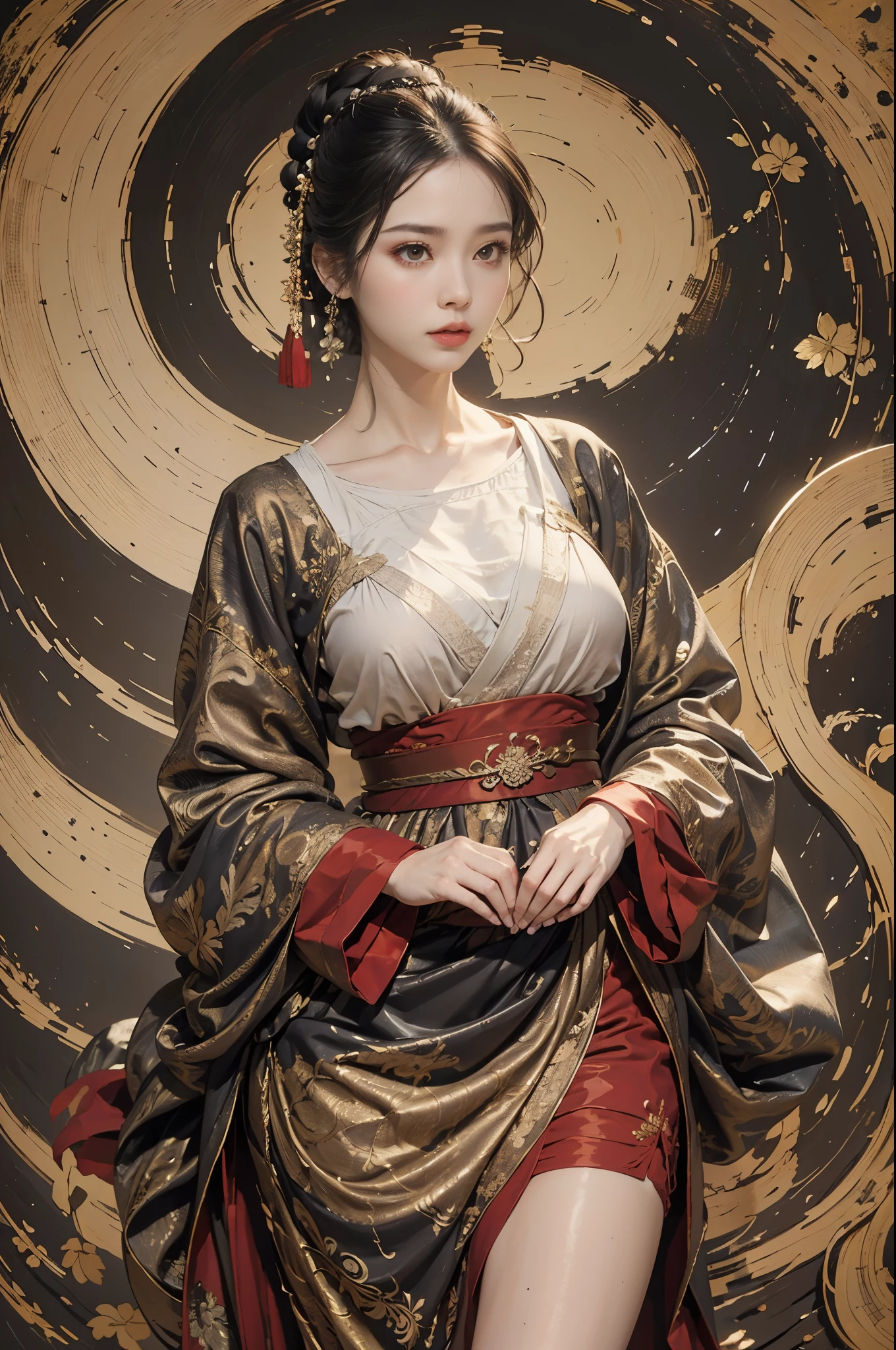 ancient buildings of Chitional style beauty，Silver thread texture,linen texture,Dressed revealingly(red color Hanfu)， Clothing minimalist style，Mixed Chinese and American races，The background is blurred out，focal，(((tmasterpiece))), ((Best quality at best)), ((Complex and detailed)), ((hyper realisitc)), ridiculous resolution, Mature woman, ssee-through, The content is very detailed, lamplight, 1 Sister, (middling), Thin waist and thick hips， Short hair details, black hair color hair, blackstockings，lacy clothing，skirt that wraps around the hips，tightsuit，with faintly visible，cooldress，The body proportions are perfect，（no underwares：1.2），detailed back ground, eyed, （nice hand），Detail hands，looking at viewert，From the front，Lightweight to wear，juicy legs，Deep V large breasts，