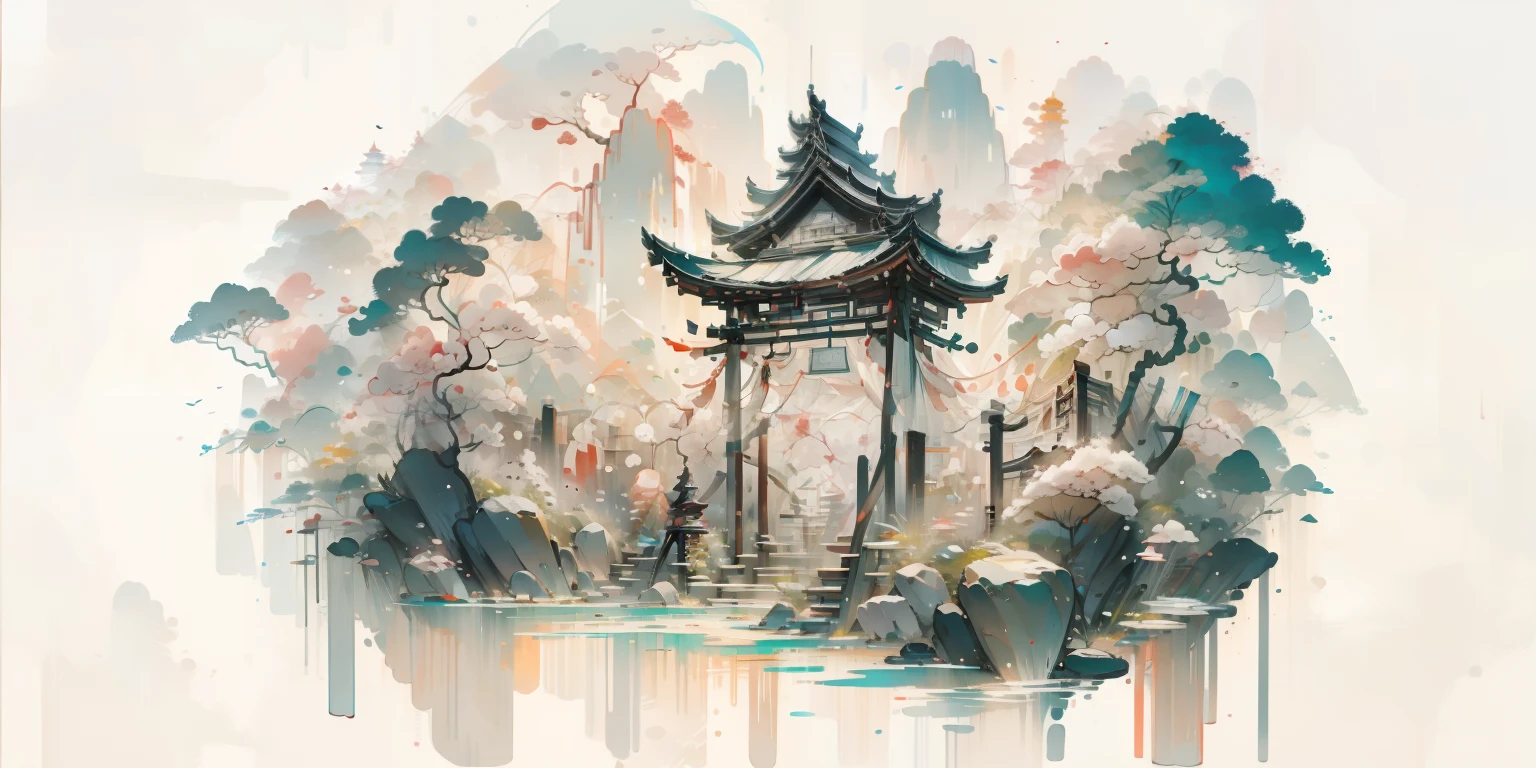 An oriental landscape painting, ancient China, extremely pure white background, dreamy, romantic, old-fashioned, 3D, 8K, spotlight, extremely fine details, wabi-sabi style,