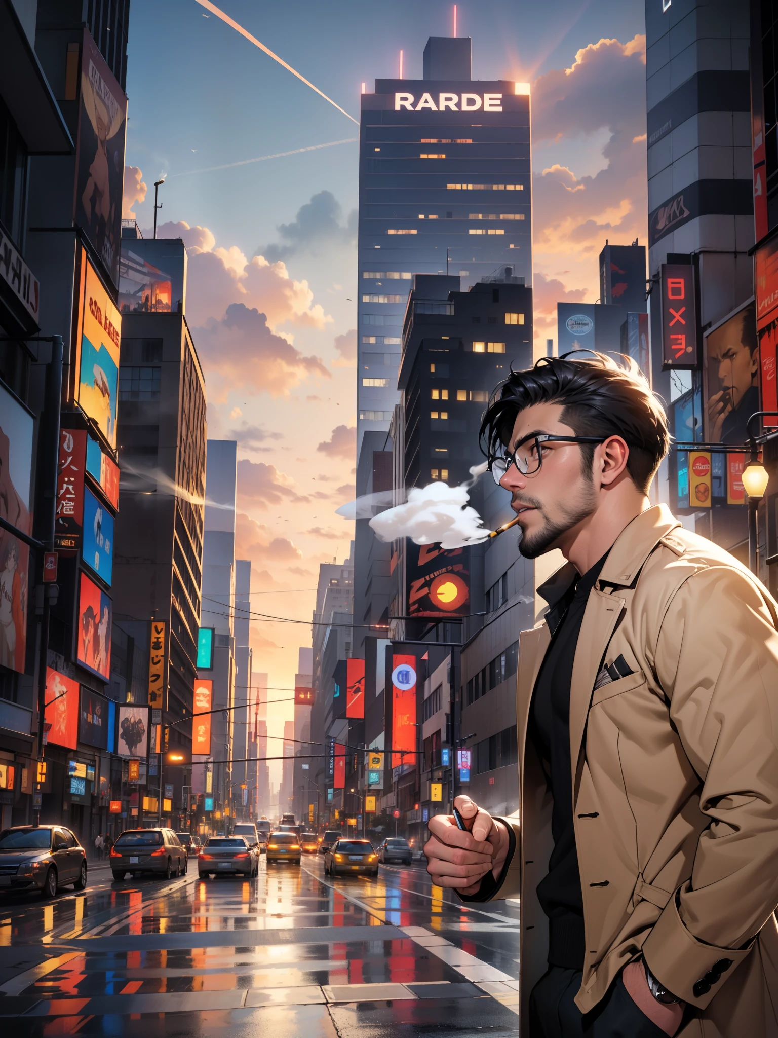 masterpiece, best quality, highres, upper body shot, ((wide angle)), zoom out, middle-aged man, macho, daddy, beefy, burly, hairy, manly, really tall, black  hair, wearing a smooth silk black trench coat, grey shirt, wearing glasses, standing in the middle of a New York's crossroad, standing in the center of the shot, smoking a cigarette, blowing smoke out from the mouth, looking up to the sky, left hand in the pocket, (sunset), afternoon, golden hour, golden sky color, dark buildings in the background, incredible composition, HDR, volumetric lighting, shadows, beam of sunlight shinning on the streets, seen from the side, aesthetic