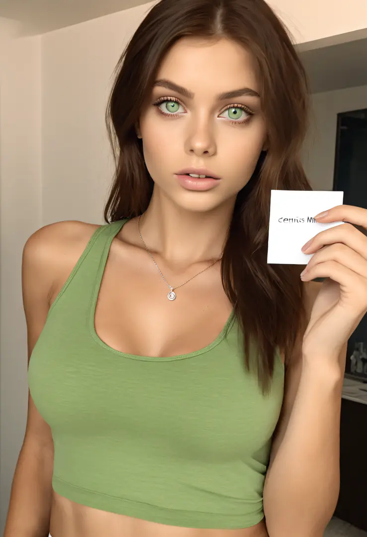 arafed woman with a white tank top and a necklace, with green eyes, portrait sophie mudd, brown hair and large eyes, selfie of a young woman, bedroom eyes, violet myers, without makeup, natural makeup, looking directly at the camera, face with artgram, sub...