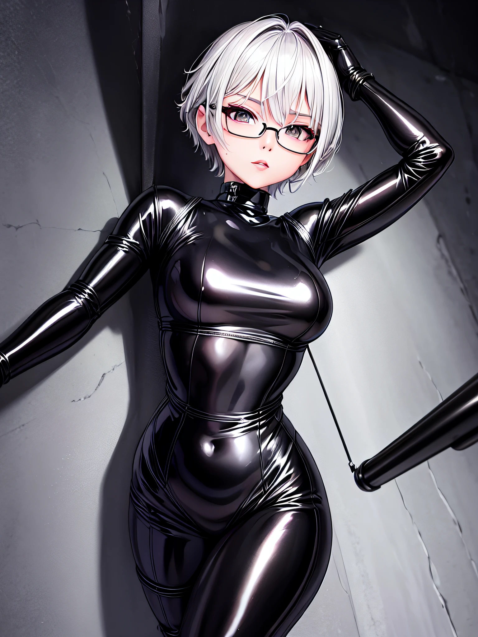 Top quality 8K UHD、A beauty with short silver hair and glasses、Black metallic latex sweatsuit posing with open legs、black metallic latex sweatsuit with hidden skin