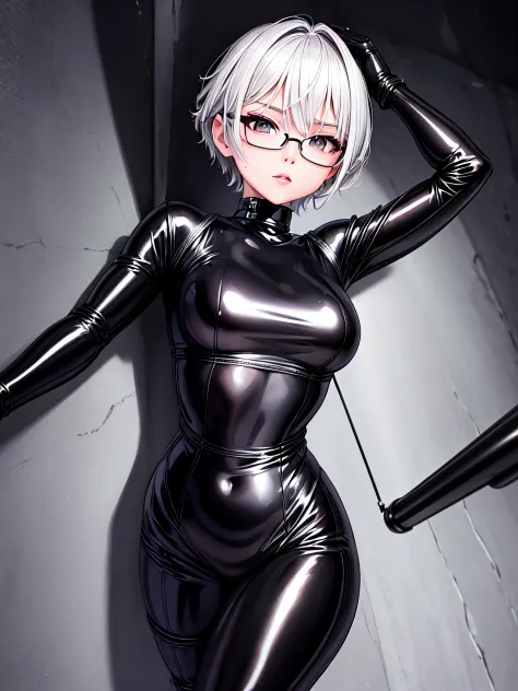 Top quality 8K UHD、A beauty with short silver hair and glasses、Black metallic latex sweatsuit posing with open legs、black metall...