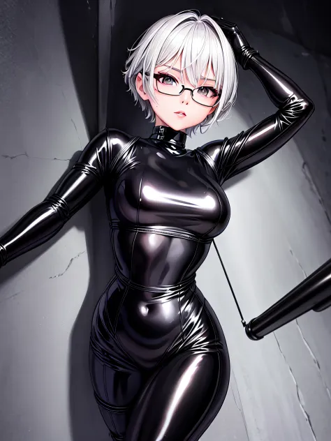 top quality 8k uhd、a beauty with short silver hair and glasses、black metallic latex sweatsuit posing with open legs、black metall...