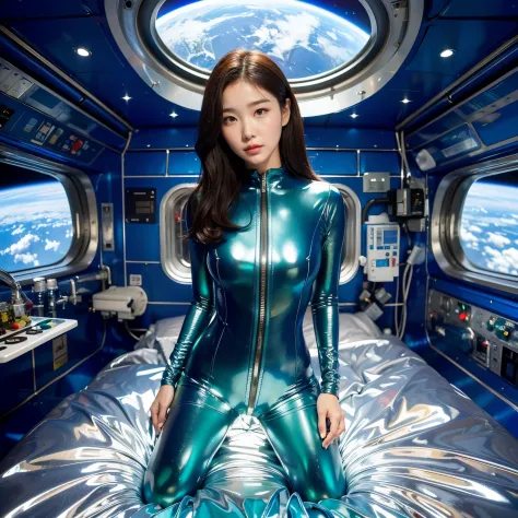 An arafe woman in a shiny blue suit sitting on the bed, futuristic glossy latex suit, beautiful woman in space suit, girl in space, In outer space, iu lee ji-eun as a super villain, Wearing a small spacesuit, metallic cyan bodysuit, tight light blue neopre...