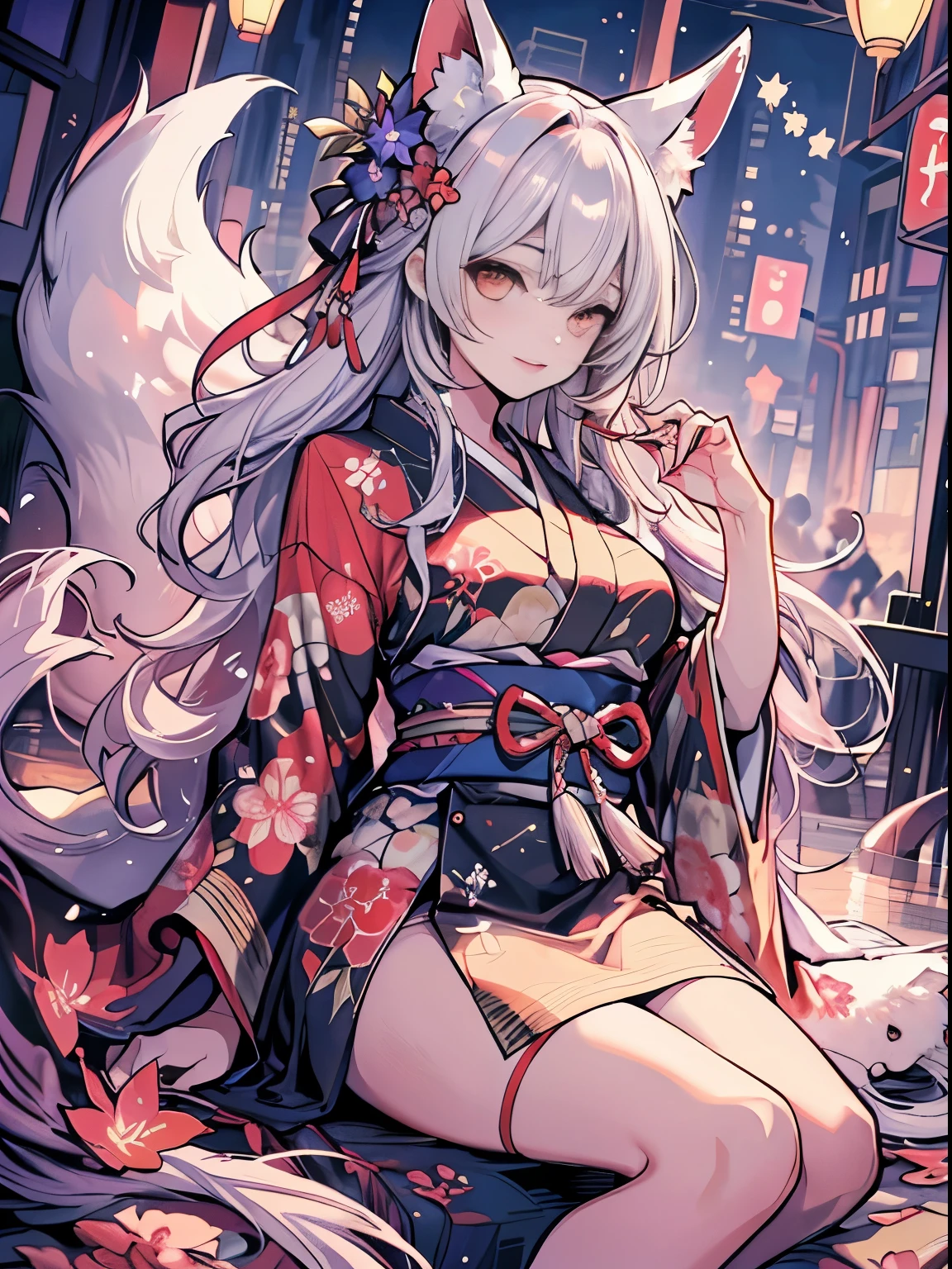 best qualtiy， 超A high resolution， （realisticlying：1.4）， white fox, the Nine-Tailed Fox, Beautiful fece, Woman in Kimono, red, golden colored, black, Sparkle,