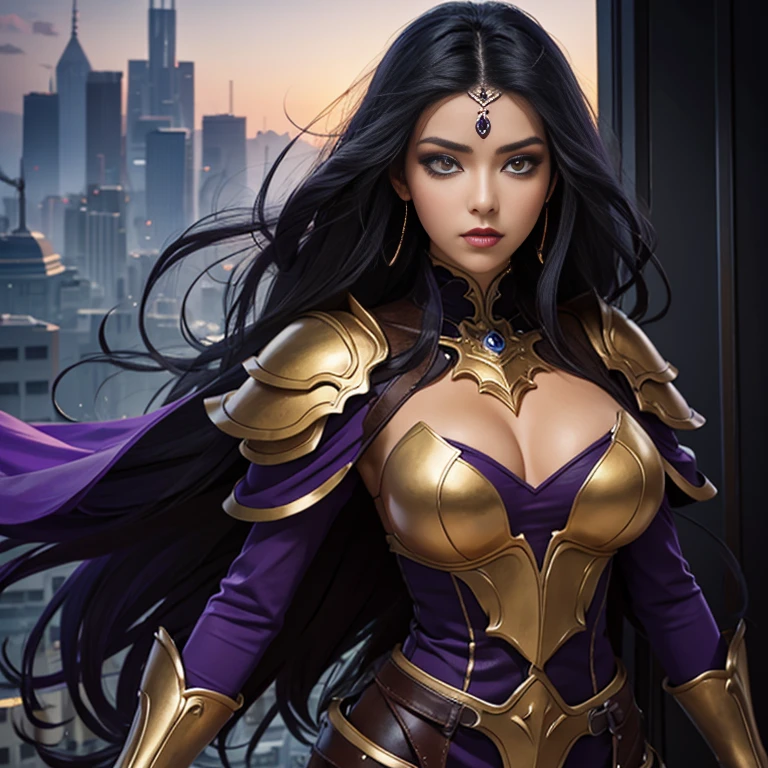 (masterpiece, best quality),1girl with long purple-black hair standing on the edge of a sky scraper, face with sharp features, warm lighting,  glowing purple eyes, golden-tan skin,detailed-beautiful eyes,gothic fantasy armour, purple make-up, full clothing