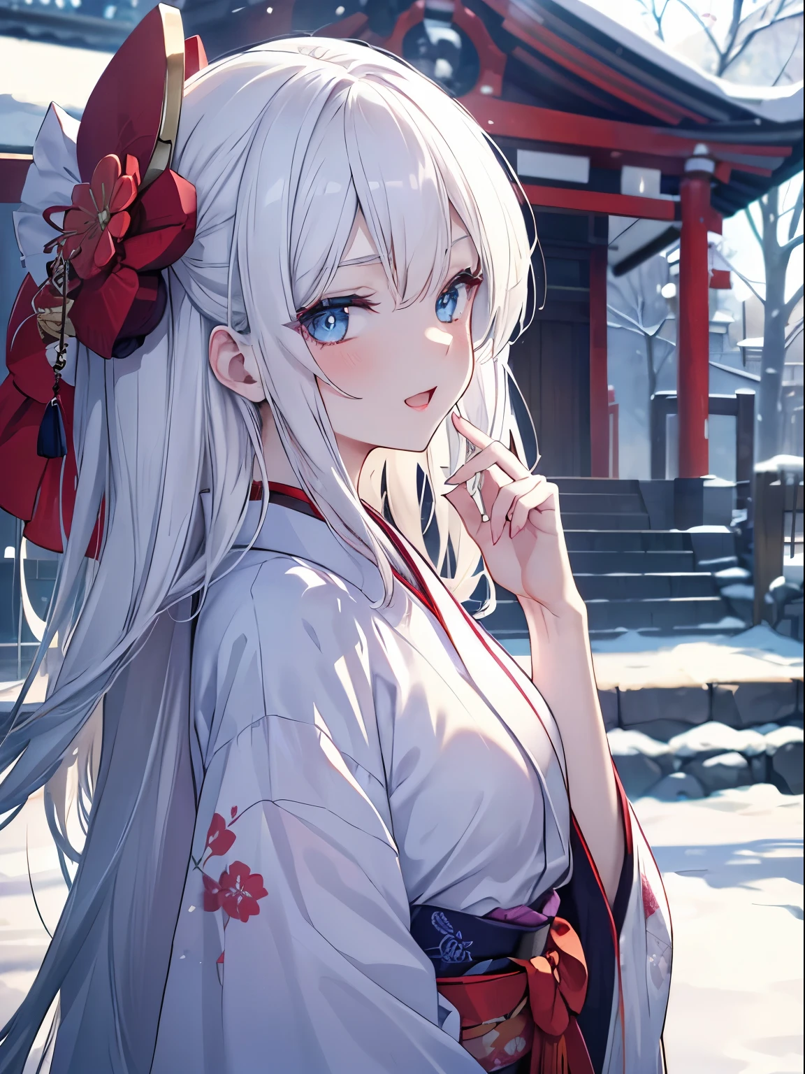 masutepiece, Highest Quality, (Perfect face:1.1), (high detailing:1.1), (ultradetailed eyes), Dramatic, superfine illustration, Extremely detailed, 1girl in, (pale skin), long white hair, Ethereal eyes, Blue eyes,tareme, (light eyebrow),blush,Solo,Smile, Happy, Laugh, Enjoy, Open mouth, Pouty lips,Cinematic lighting, looking for viewer,from side,Cowboy Shot,kimono,outdoor,shrine,winter backgraund