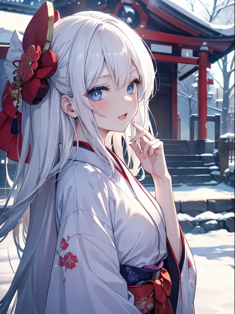 masutepiece, Highest Quality, (Perfect face:1.1), (high detailing:1.1), (ultradetailed eyes), Dramatic, superfine illustration, Extremely detailed, 1girl in, (pale skin), long white hair, Ethereal eyes, Blue eyes,tareme, (light eyebrow),blush,Solo,Smile, H...