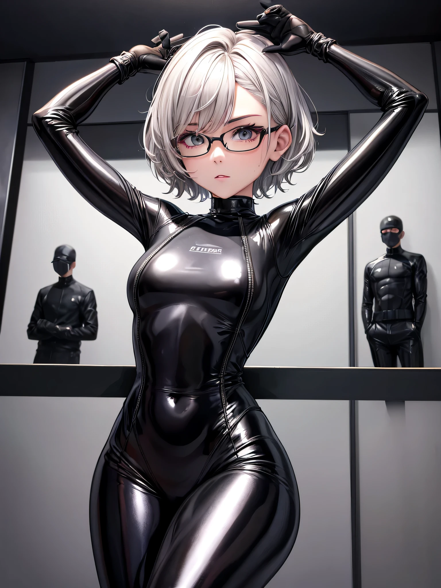 Top quality 8K UHD、Wearing glasses、Beautiful woman with short hair and silver hair in a black metallic latex sweatsuit is posing with legs apart。.、black metallic latex sweatsuit with hidden skin