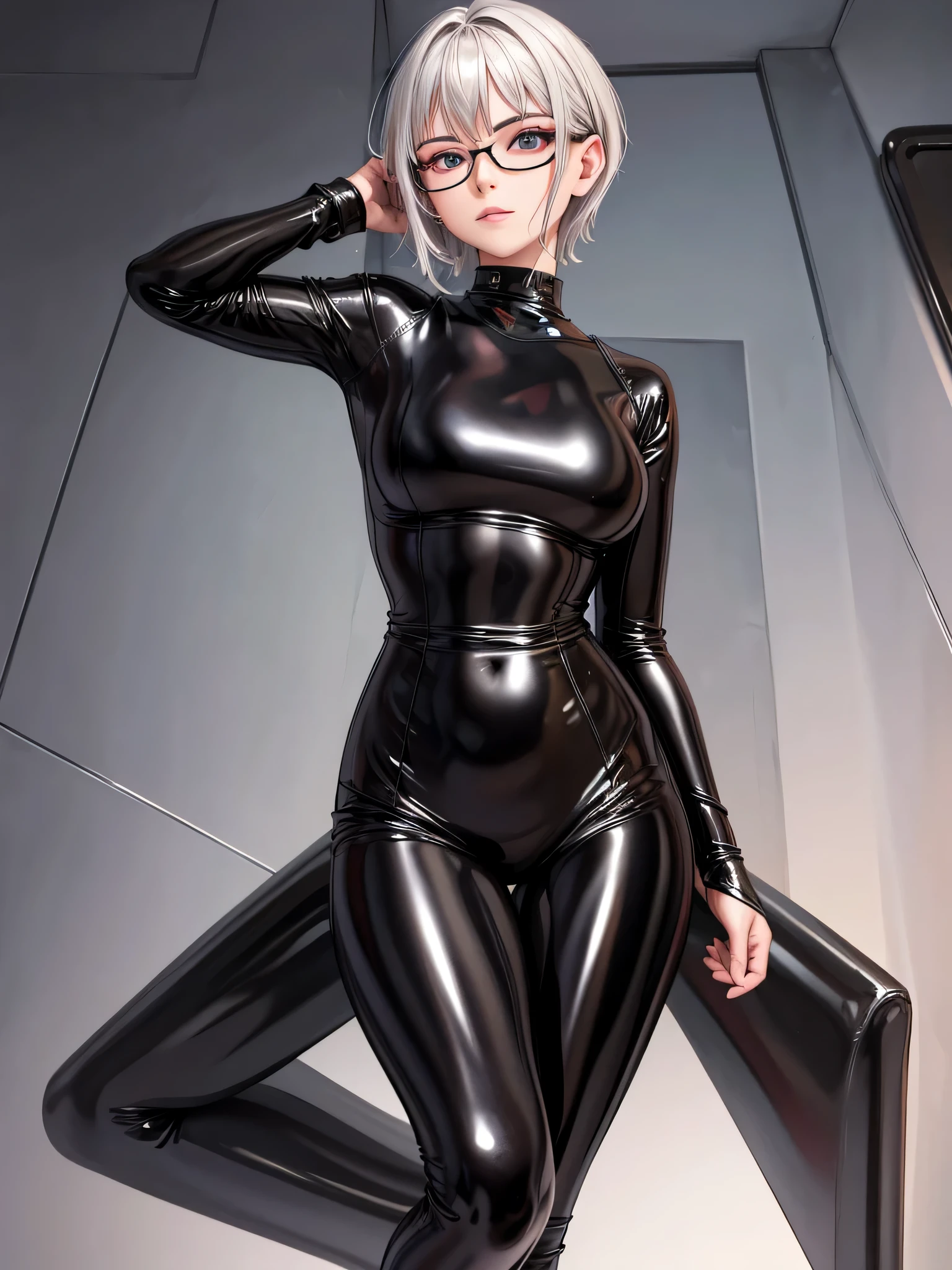 Top quality 8K UHD、Wearing glasses、Beautiful woman with short hair and silver hair in a black metallic latex sweatsuit is posing with legs apart。.、black metallic latex sweatsuit with hidden skin