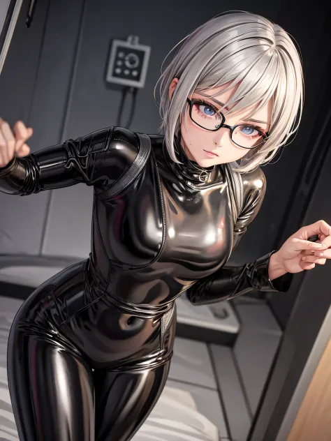 Top quality 8K UHD、A beautiful woman with short hair and silver hair is posing in glasses and a black metallic latex sweatsuit。、...