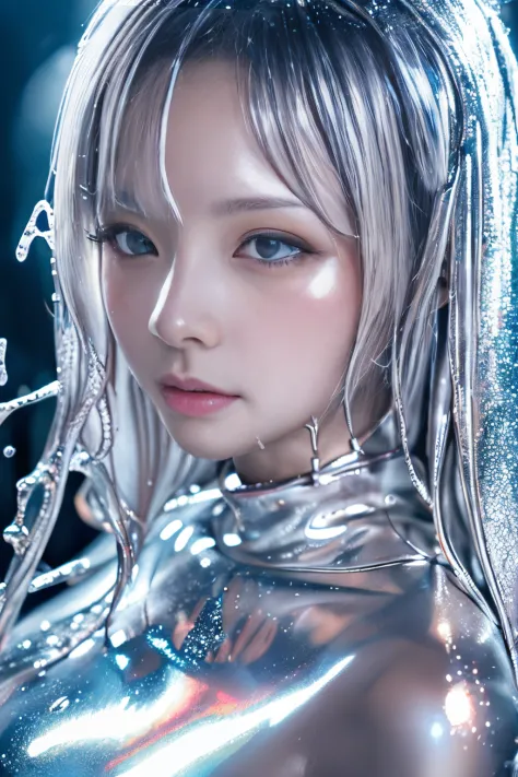 (hight resolution,masutepiece:1.2),Ultra-detailed,(Realistic:1.37),Portrait,Slime Girl,covered in silver slime, (partially trans...