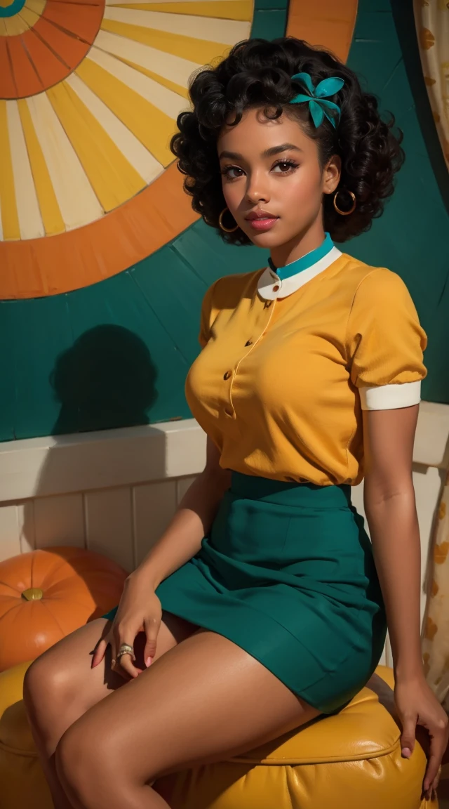 20 years old girl sitting on the chair, dark skin, afro hair, vintage, retro pin up style,sexy, , surprised, mini tight skirt, flowing skirt, colorful , orange and teal color scheme, masterpieces art work, illustrated,