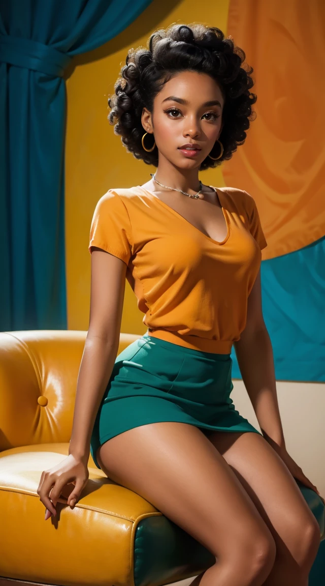 menina de 20 anos sentada na cadeira, Pele escura, cabelo afro, vintage, estilo pin-up retrô,sexy, , surpreso, mini-saia justa, saia esvoaçante, colorida , esquema de cores laranja e verde-azulado, obras de arte obra de arte, ilustrado,