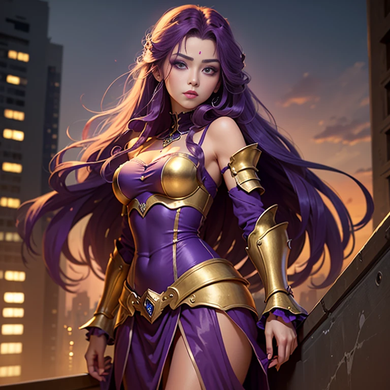 (masterpiece, best quality),1girl with long purple hair standing on the edge of a sky scraper, swedish face with sharp features, warm lighting,  pupilless glowing purple eyes, golden-tan skin,detailed-beautiful eyes,gothic fantasy armour, purple make-up