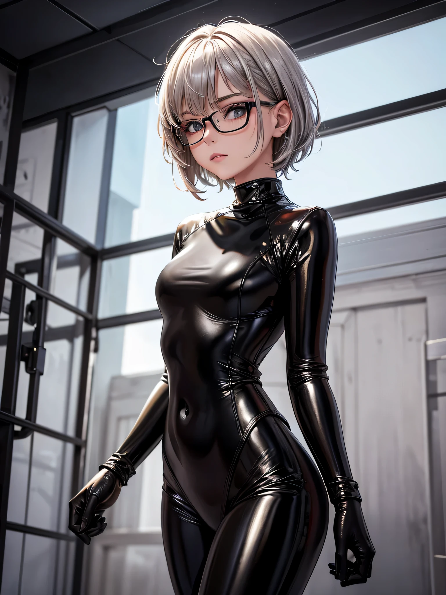 Top quality 8K UHD、A beautiful woman with short hair and silver hair is posing in glasses and a black metallic latex sweatsuit。、black metallic latex sweatsuit with hidden skin