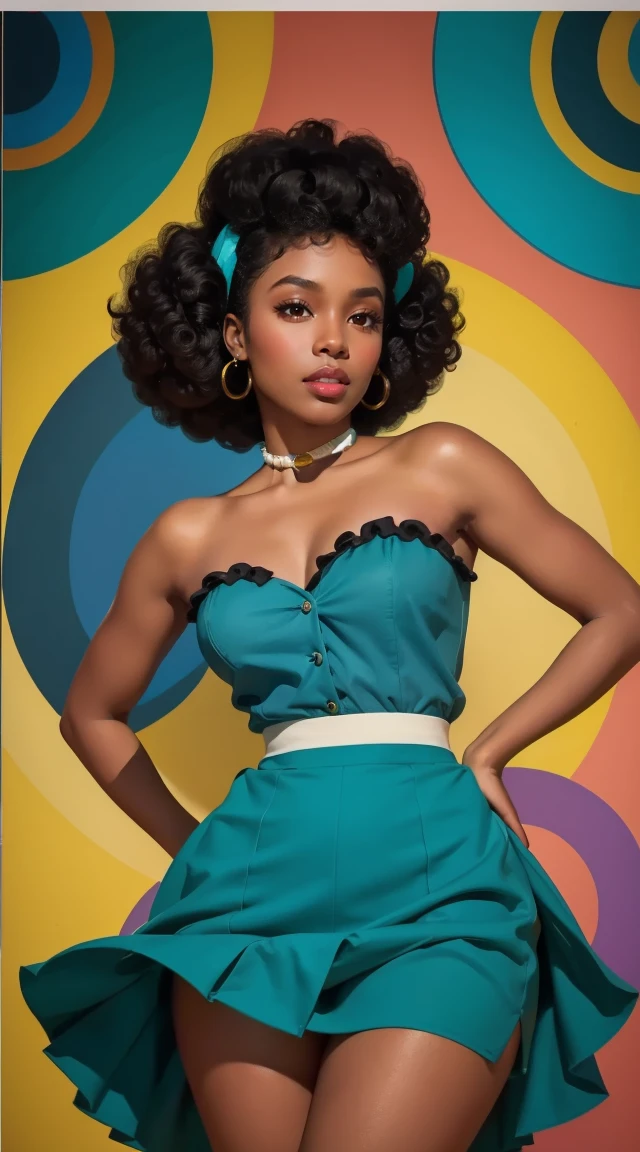 20 years old girl , dark skin, afro hair, vintage, retro pin up style,sexy, , surprised, mini tight skirt, flowing skirt, colorful ,teal color scheme, masterpieces art work, illustrated,