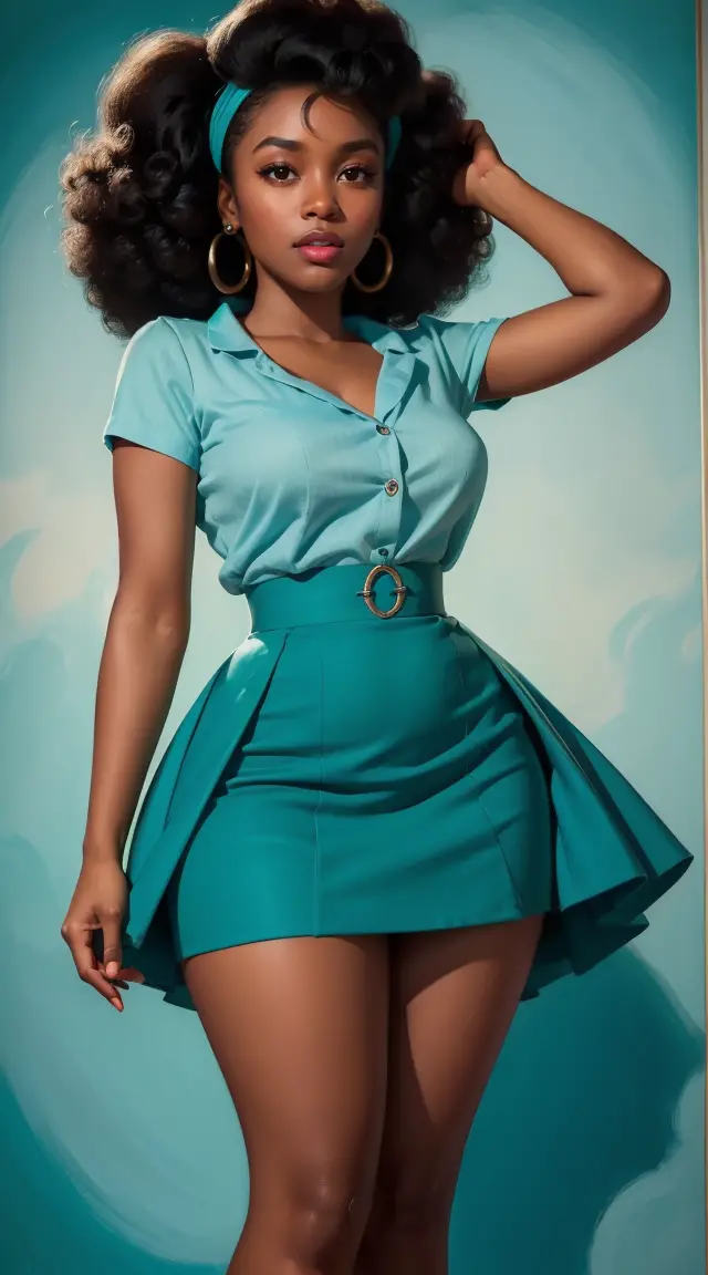 20 years old girl , dark skin, afro hair, vintage, retro pin up style,sexy, , surprised, mini tight skirt, flowing skirt, colorf...