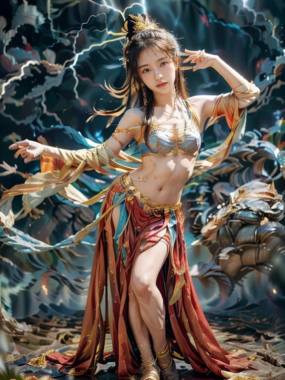 master piece,(Best Quality:1.3),超A high resolution,Raw photo,Detailed skin,Beautiful lighting,(Realistic, Photorealsitic:1.4), dunhuang, 1girl in, Full body, Standing, Unevenness of the skin, Beautiful expression、A detailed face、perfectly proportions、Perfect growth、、small breasts thin waist、Navel、Crotch gap、thighs thighs thighs thighewitching、Attractive woman, A sexy, dunhuang_Background,(Dynamic Poses:1.2), fly, Vivid costumes、lightning bolt、Thunderbolt、Sateen、wetted skin、