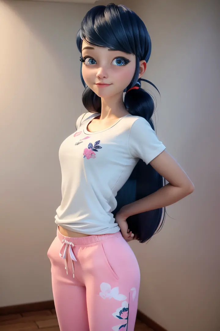 (8k, RAW photo, best quality, masterpiece:1.2), (intricate details), perfect eyes, perfect face, perfect lighting, beautiful, (masterpiece:1.2), (best quality:1.2), 1girl, solo, marinette, blue hair, long hair down,  torso, 17 years old, slight smile, medi...