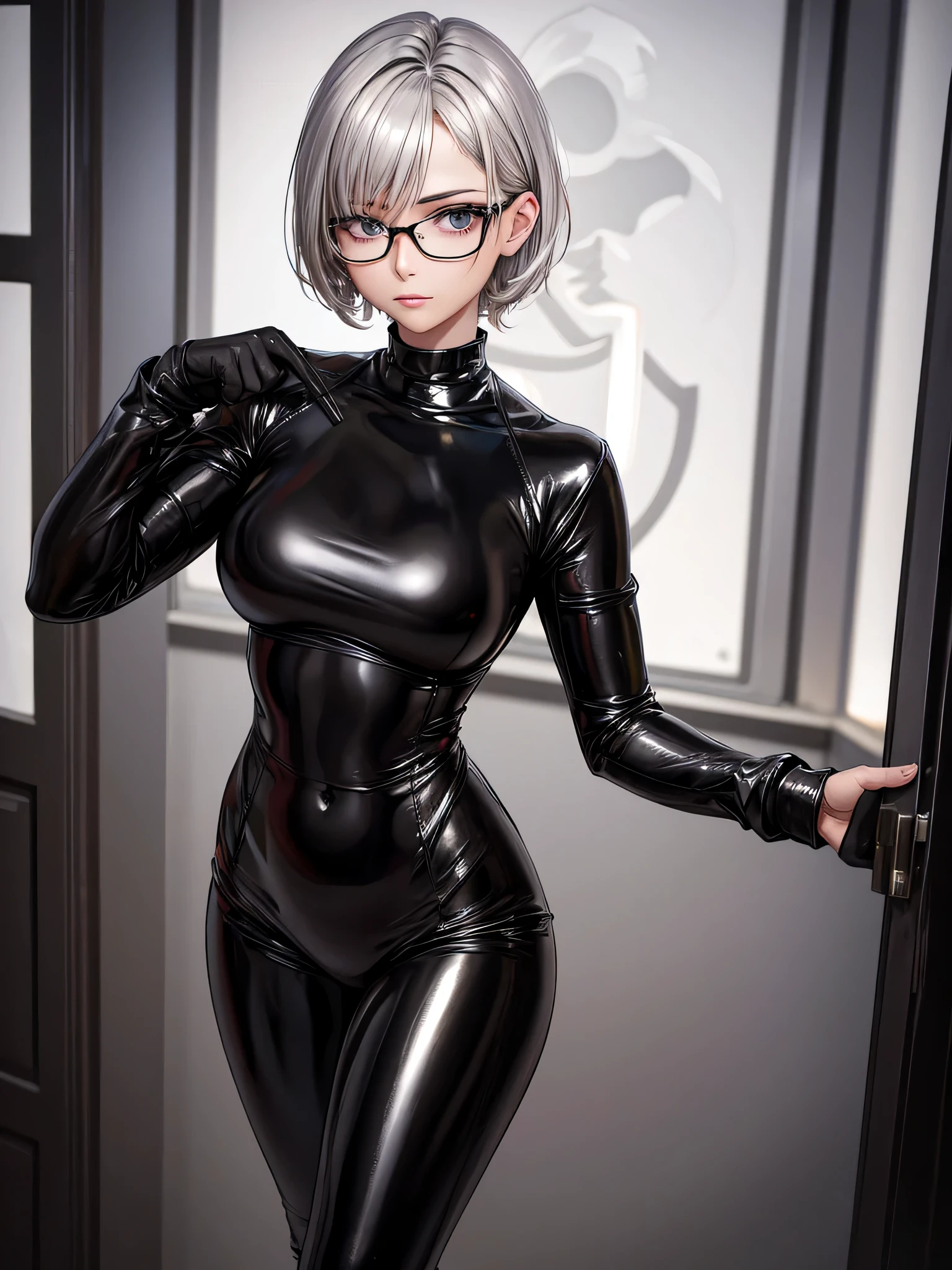 Top quality 8K UHD、Wearing glasses、Beautiful woman with short silver hair wearing a black metallic latex sweatsuit with her hands tied behind her back.、black metallic latex sweatsuit with hidden skin