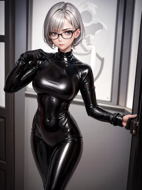 Top quality 8K UHD、Wearing glasses、Beautiful woman with short silver hair wearing a black metallic latex sweatsuit with her hand...