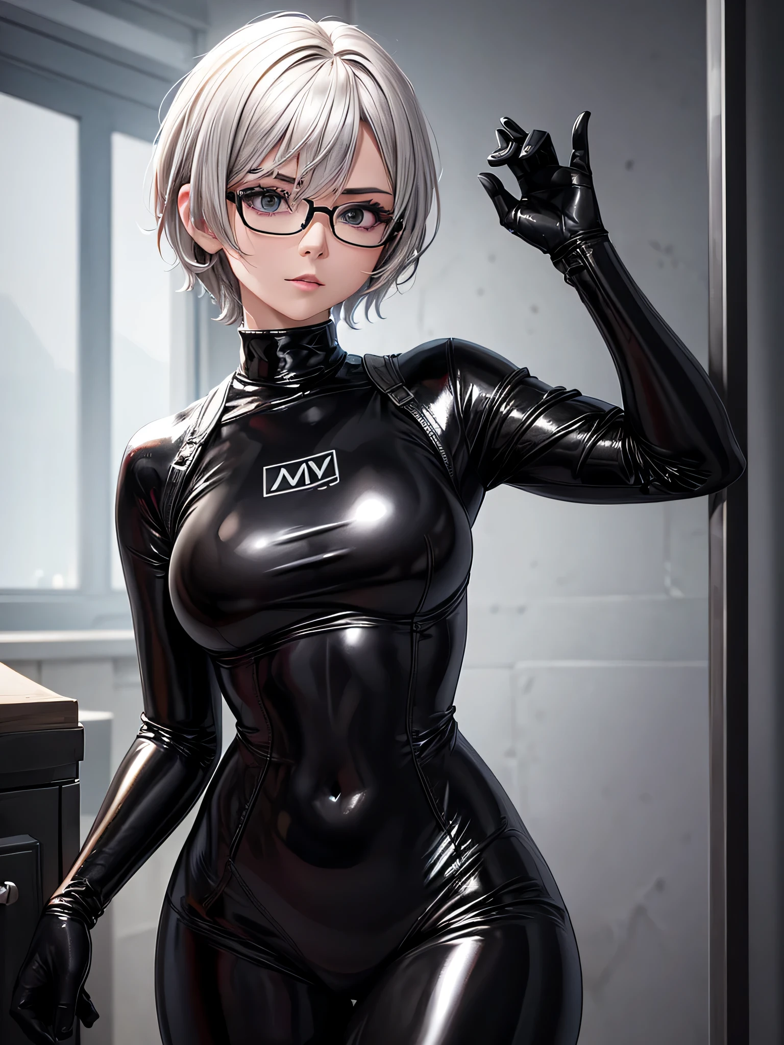 Top quality 8K UHD、Wearing glasses、Beautiful woman with short silver hair wearing a black metallic latex sweatsuit with her hands tied behind her back.、black metallic latex sweatsuit with hidden skin