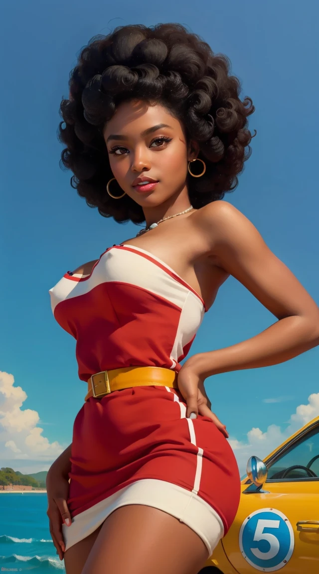 20 years old girl , dark skin, afro hair, vintage, retro pin up style,sexy, dress, colorful, masterpieces art work, illustrated,