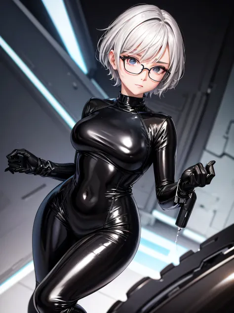 Top quality 8K UHD、Wearing glasses、Beautiful woman with short silver hair wearing a black metallic latex sweatsuit with her hand...