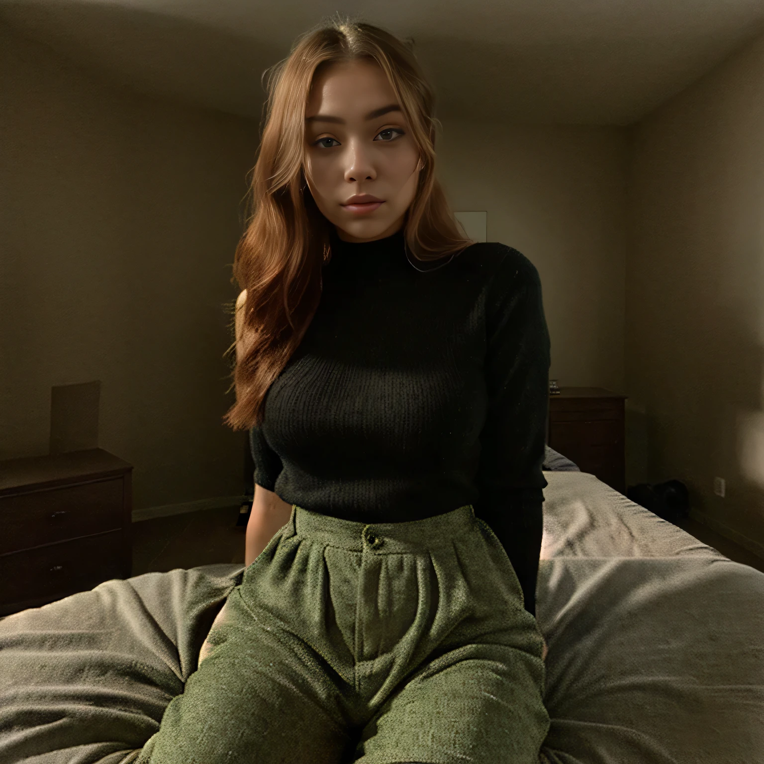 Arafed woman sitting on a bed in a black top and green pants - SeaArt AI