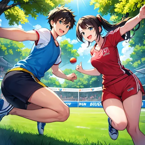 (A handsome boy) jumping up to play badminton, (a girl) standing beside watching the game, (outdoor) scene, (lush green grass) u...