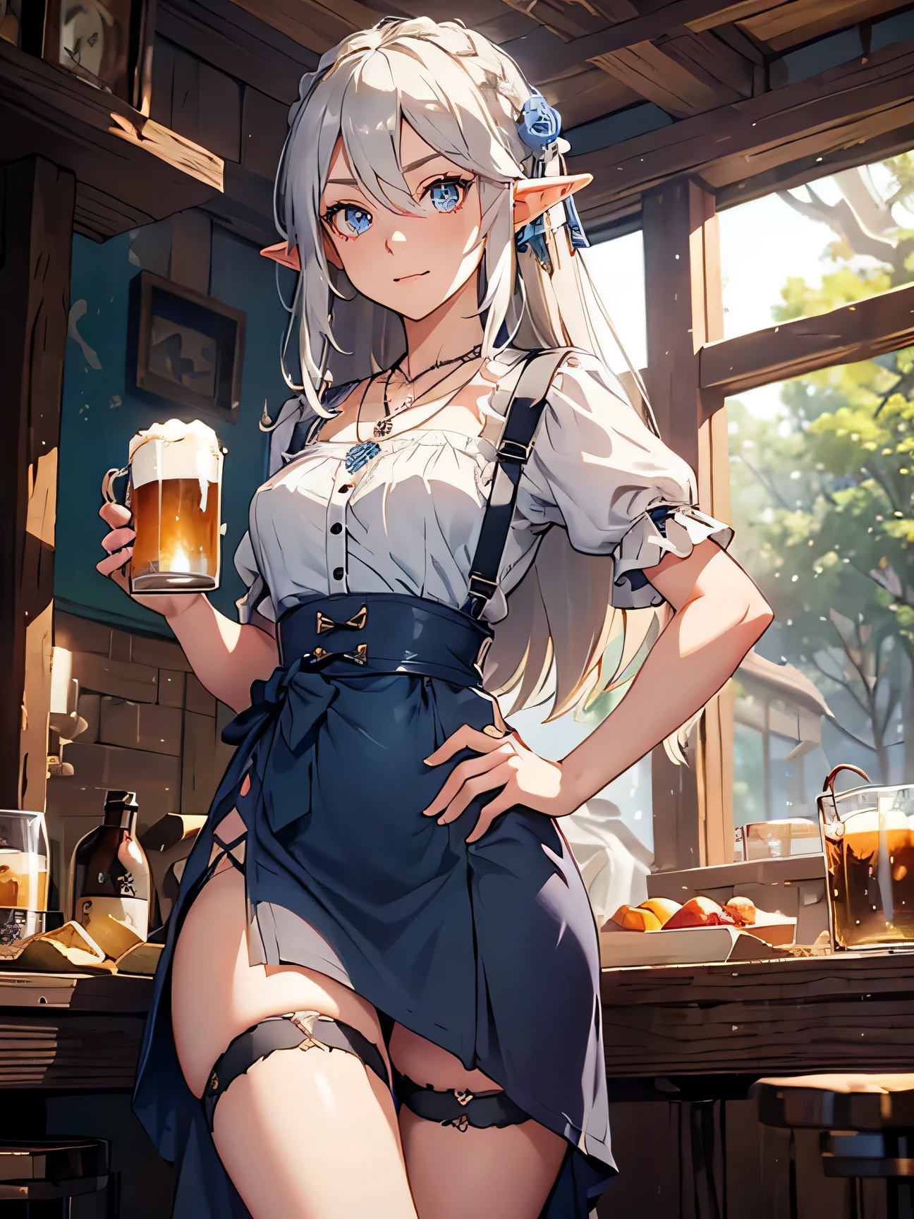 masterpiece, rustic tavern, 1_woman, long elf ears, platinum blonde long hair, gray colored eyes, medium_bust, (thigh_gap), thigh_gap, puffy shirt, short sleeves, dark blue high waist underbust dress, four buttons at waist, blue ribbons in hair, hair ornament, (blue rose at waist), flounce hemline, smirking at viewer, long skirt with slit, wearing (necklace with silver ring on it), hand on hip, holding mug of beer,