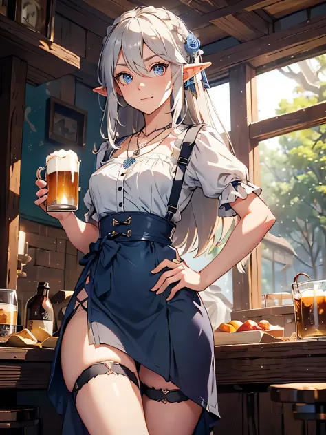 masterpiece, rustic tavern, 1_woman, long elf ears, platinum blonde long hair, gray colored eyes, medium_bust, (thigh_gap), thig...