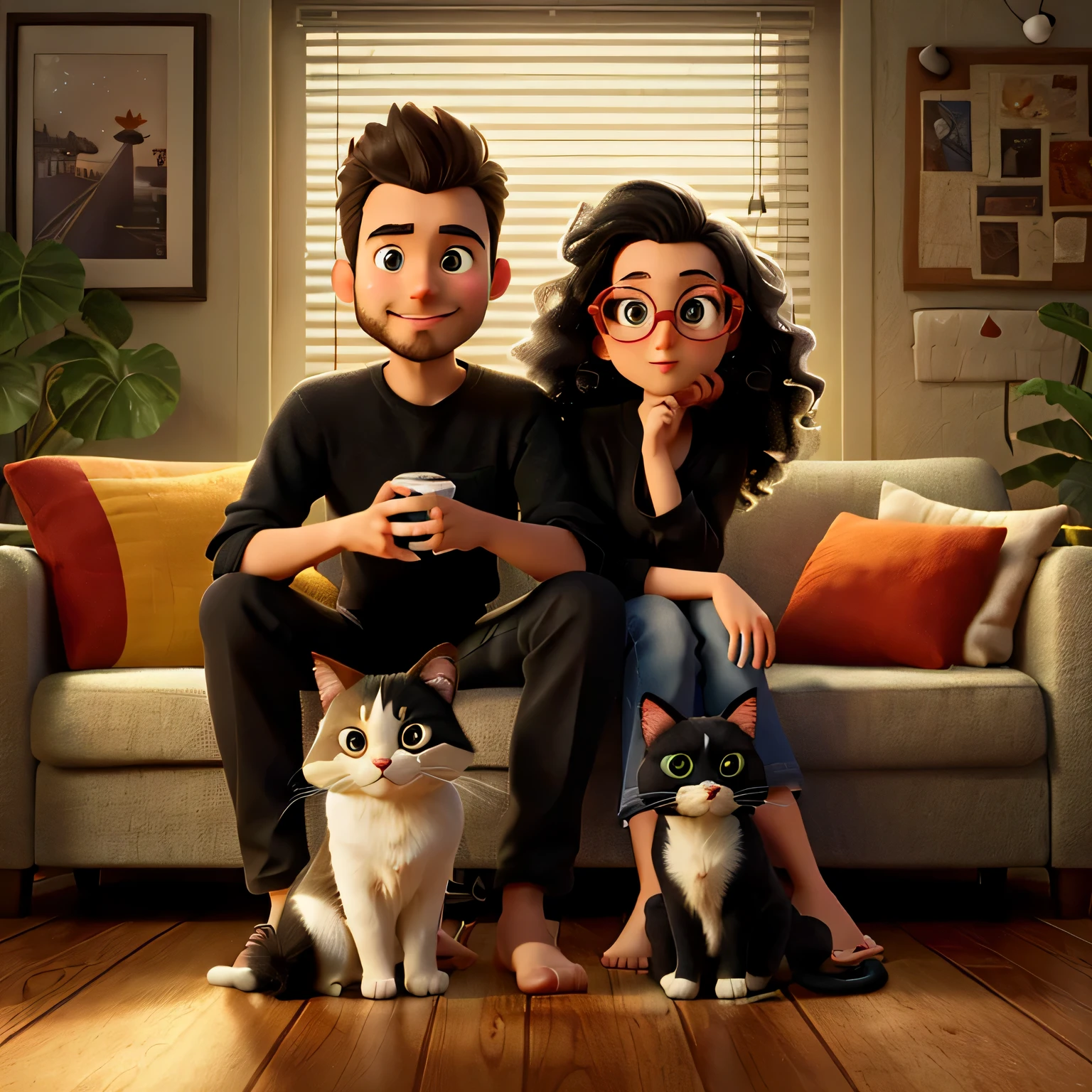 Em um pôster de filme no estilo Disney Pixar, um jovem casal e dois gatos compartilham momentos aconchegantes em seu pequeno apartamento. O magro, Branco man, vestindo uma camisa preta, shorts esportivos, cabelo preto e barba aparada. A mulher, Com óculos, tem muito tempo, preto, e cabelos lindamente cacheados. sentado no sofá, os dois gatos adoráveis, one preto and Branco, e o outro exibindo uma charmosa mistura de laranja, Branco, verde, and preto, complete a cena encantadora. Uma imagem que captura a simplicidade e a magia do amor cotidiano.