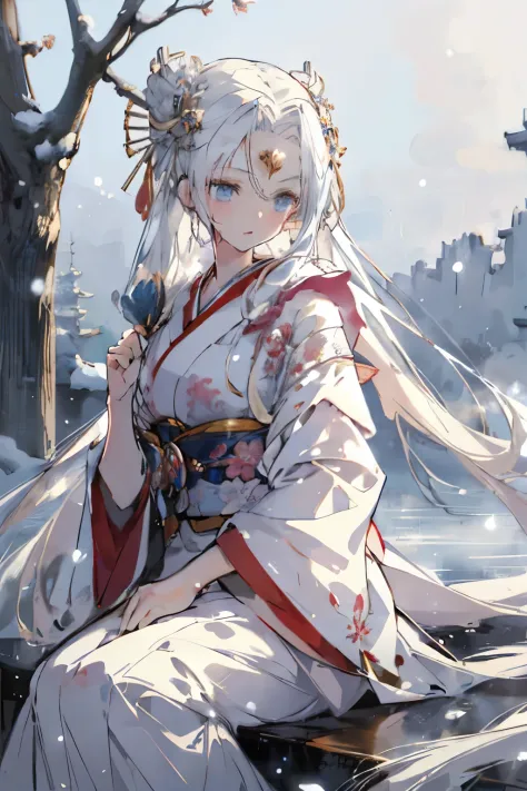 (Best quality,4K,8K,A high resolution,tmasterpiece:1.2),ultra - detailed,(actual,photoactual,photo-actual:1.37), snow landscape, Anime manga girl, 长长Flowing white hair, White-haired fairy, Sit in the snow, White hair floating in the air, Fantasy anime illu...