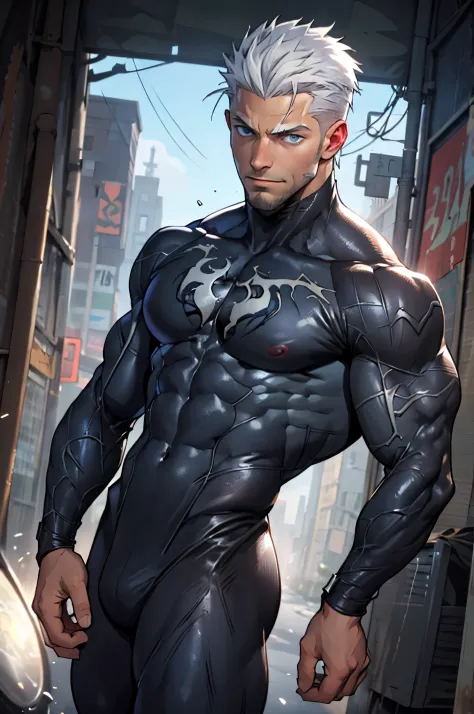 young muscular male, masterpiece, intricate details, upper body, best quality, eye focus, silver hair, manly, stubble, venom, sy...