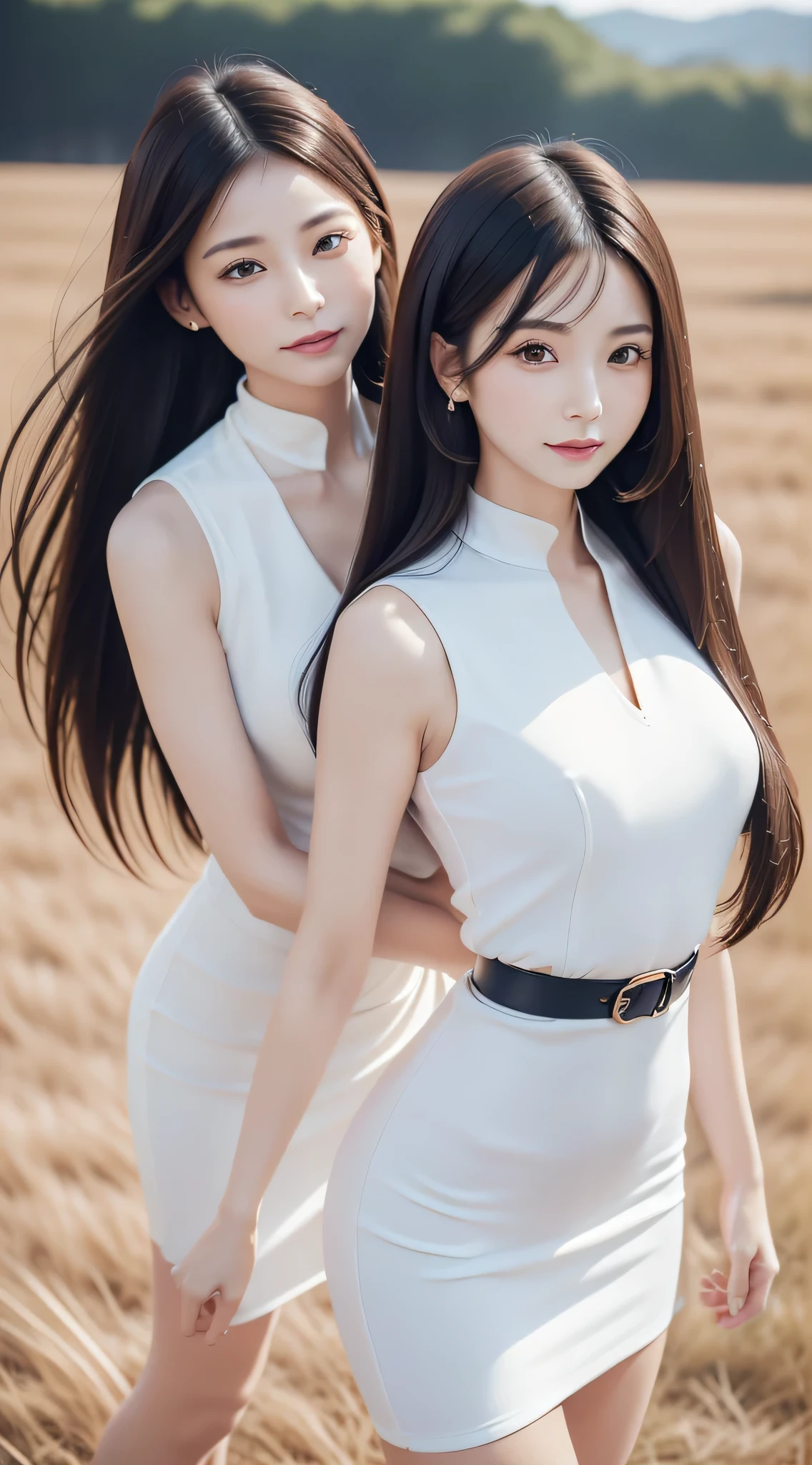 (Refreshing smile:1.5),(Look at viewers:1.1）,）（One Woman）,（hide one's hands:2.0）,(Beautiful Japan Woman）,Thin face and straight nose,（hair behind ear, hair over shoulder, straight haired, Long hair, strong wind in the hair:1.5), （ High neck sleeveless , tight skirts:1.5), （high-heels;1.3), detailed  clothes, (Perfect female body), (Narrow waist:1.5), (Bust Up Portrait:1.3),   Dynamic Pose, Cinematic Light, Sugarcane fields