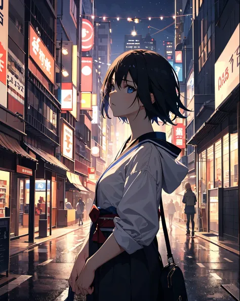 slg game building ,japan city, sad female adult exploring a bustling cityscape,  ,32k, best quality, masterpiece, super detail, extreme details, by Makoto Shinkai ,in the style of the stars art group xing xing,  --niji 5"