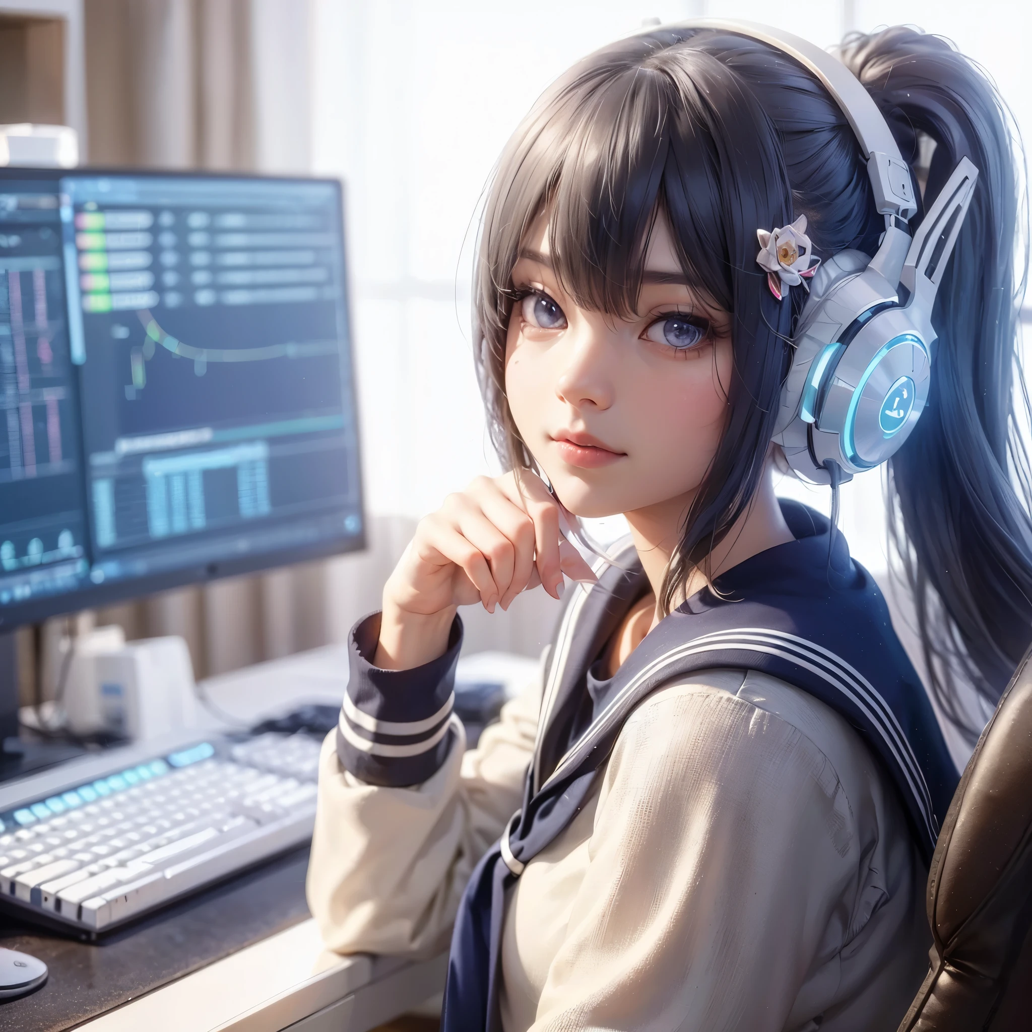 anime girl sitting in front of a computer with headphones on, 3d anime girl, realistic anime 3 d style, cyber school girl, 3 d anime realistic, smooth anime cg art, photorealistic anime girl render, anime styled 3d, trending on cgstation, anime style 4 k, digital anime art, render of a cute 3d anime girl, masterpiece, best quality:1.2),,(8k,highres,RAW photo,realistic,photo-realistic:1.3),(detailed skin texture,detailed cloth texture,beautiful detailed face:1.25),professional lighting,photon mapping,beautiful soft light,radiosity,physically-based rendering,raytracing, model shoot style, model shoot style, (extremely detailed CG unity 8k wallpaper), full shot body photo of the most beautiful artwork in the world