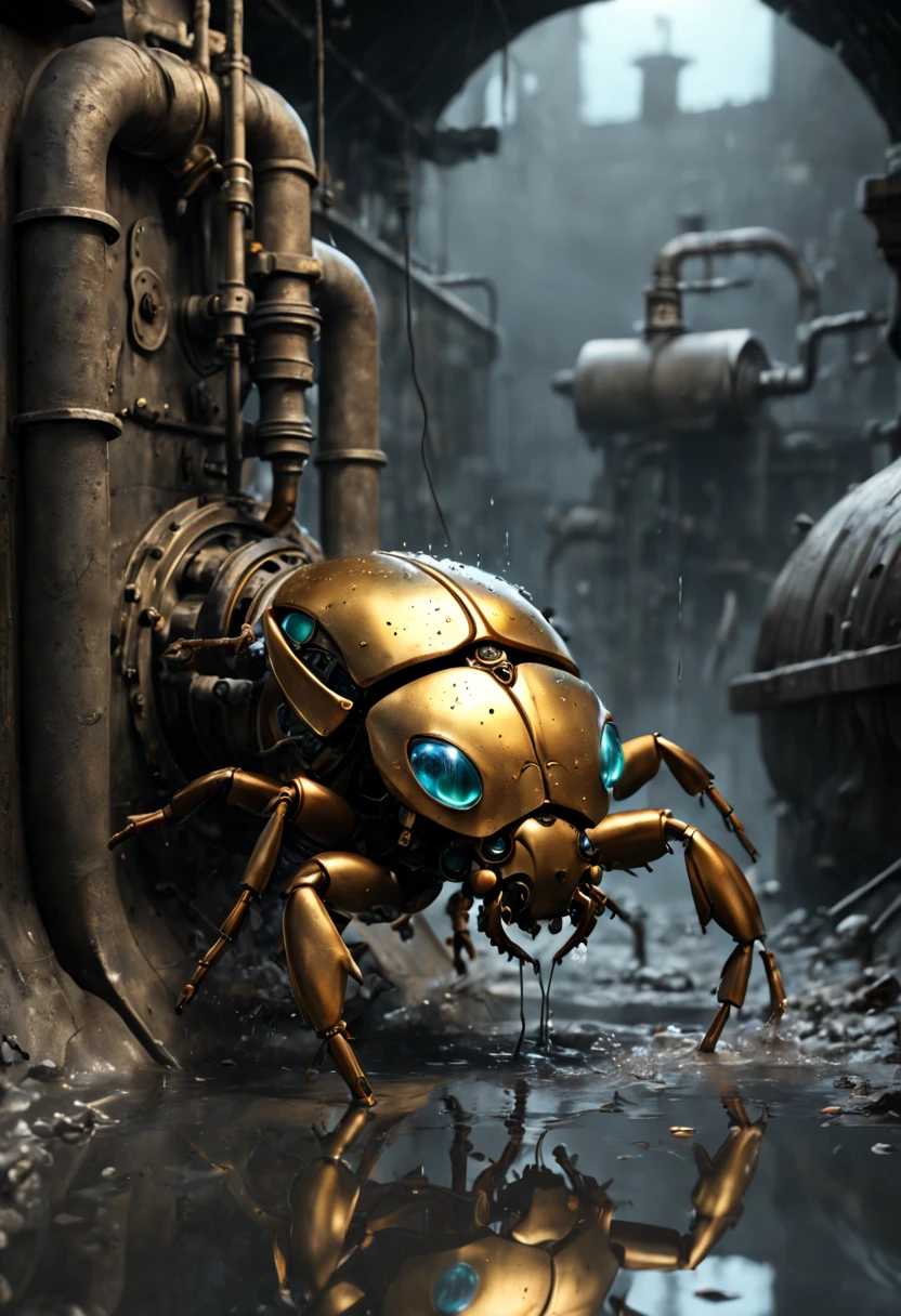 (best quality,4k,8k,highres,masterpiece:1.2),ultra-detailed,(realistic,photorealistic,photo-realistic:1.37),golden beetle in the sewer,illustration,[dark and gritty atmosphere],detailed debris,graffiti-covered walls,water droplets,splashes of toxic waste,rusty pipes,glowing eyes of the beetle,steampunk style,mechanical gears and cogs,neon lights reflecting on the water,cold blue color palette,low-key lighting