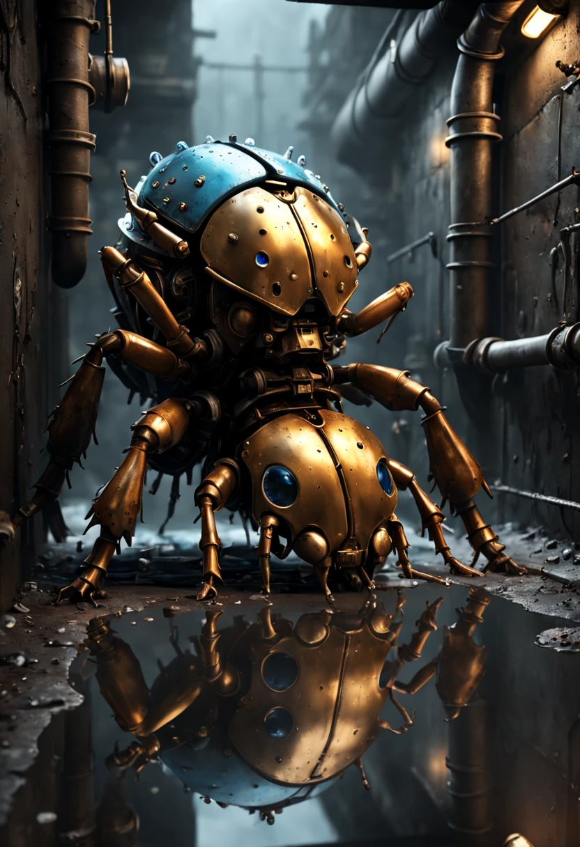 (best quality,4k,8k,highres,masterpiece:1.2),ultra-detailed,(realistic,photorealistic,photo-realistic:1.37),golden beetle in the sewer,illustration,[dark and gritty atmosphere],detailed debris,graffiti-covered walls,water droplets,splashes of toxic waste,rusty pipes,glowing eyes of the beetle,steampunk style,mechanical gears and cogs,neon lights reflecting on the water,cold blue color palette,low-key lighting