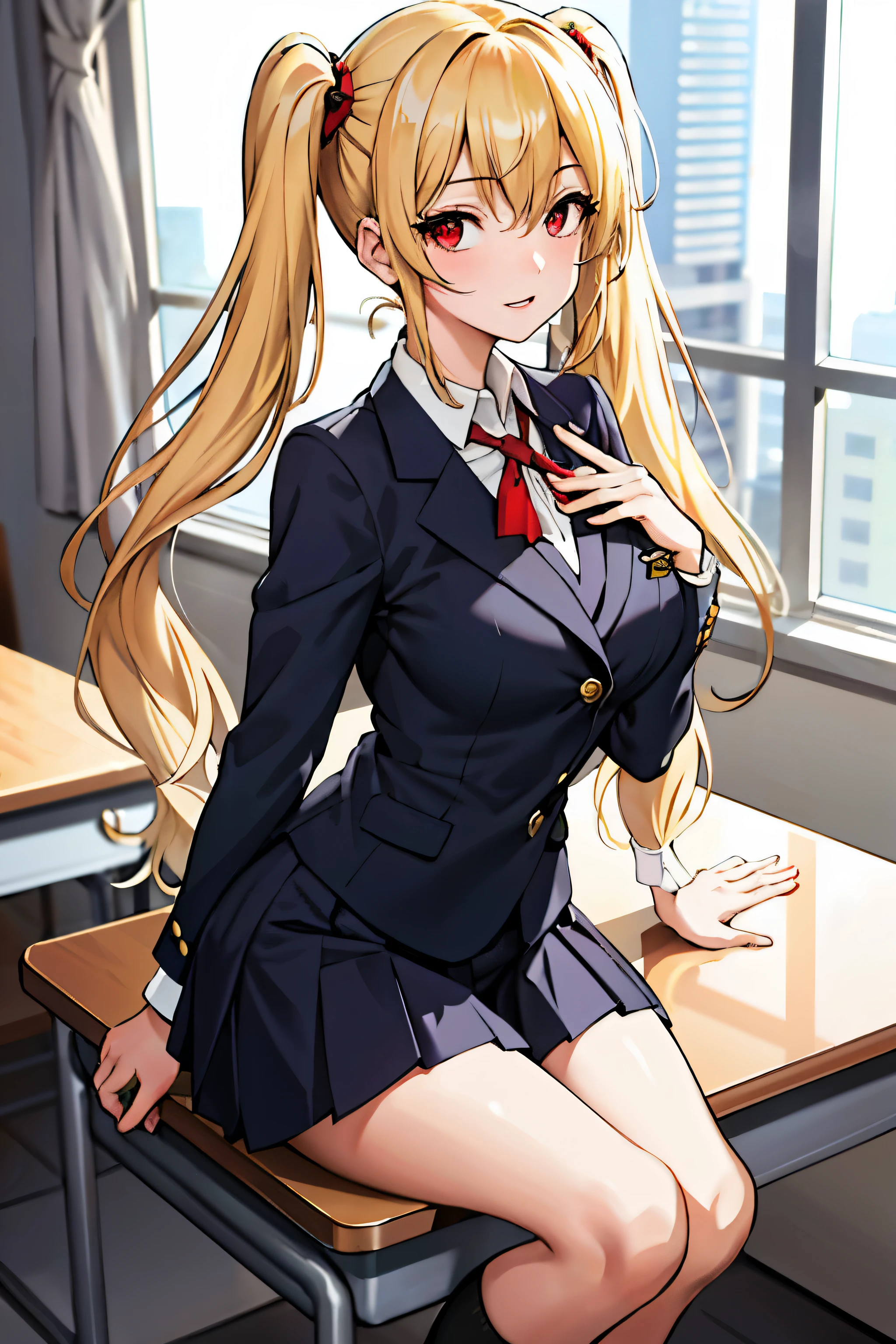 (chef-d&#39;œuvre:1.2, Meilleure qualité), 1dame, seulement, uniforme scolaire, Salle de classe, jour, S&#39;asseoir, blond, Twintails, les yeux rouges, clavicule ouverte, améliorer, poitrine ouverte