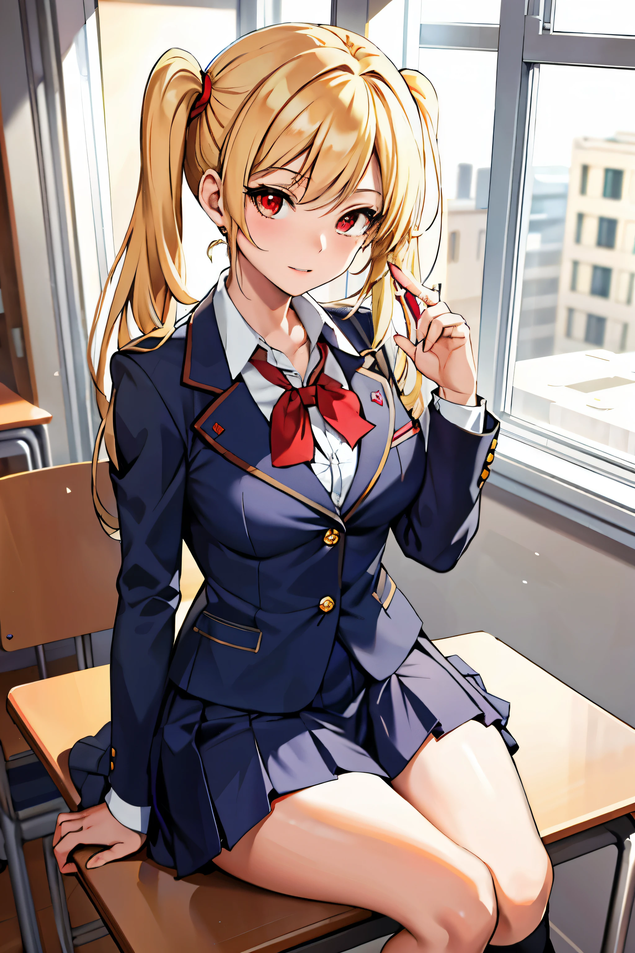 (masterpiece:1.2, best quality), 1lady, solo, school uniform, classroom, day, sit, blonde, twintails, red eyes, open collabone, gyaru, open chest