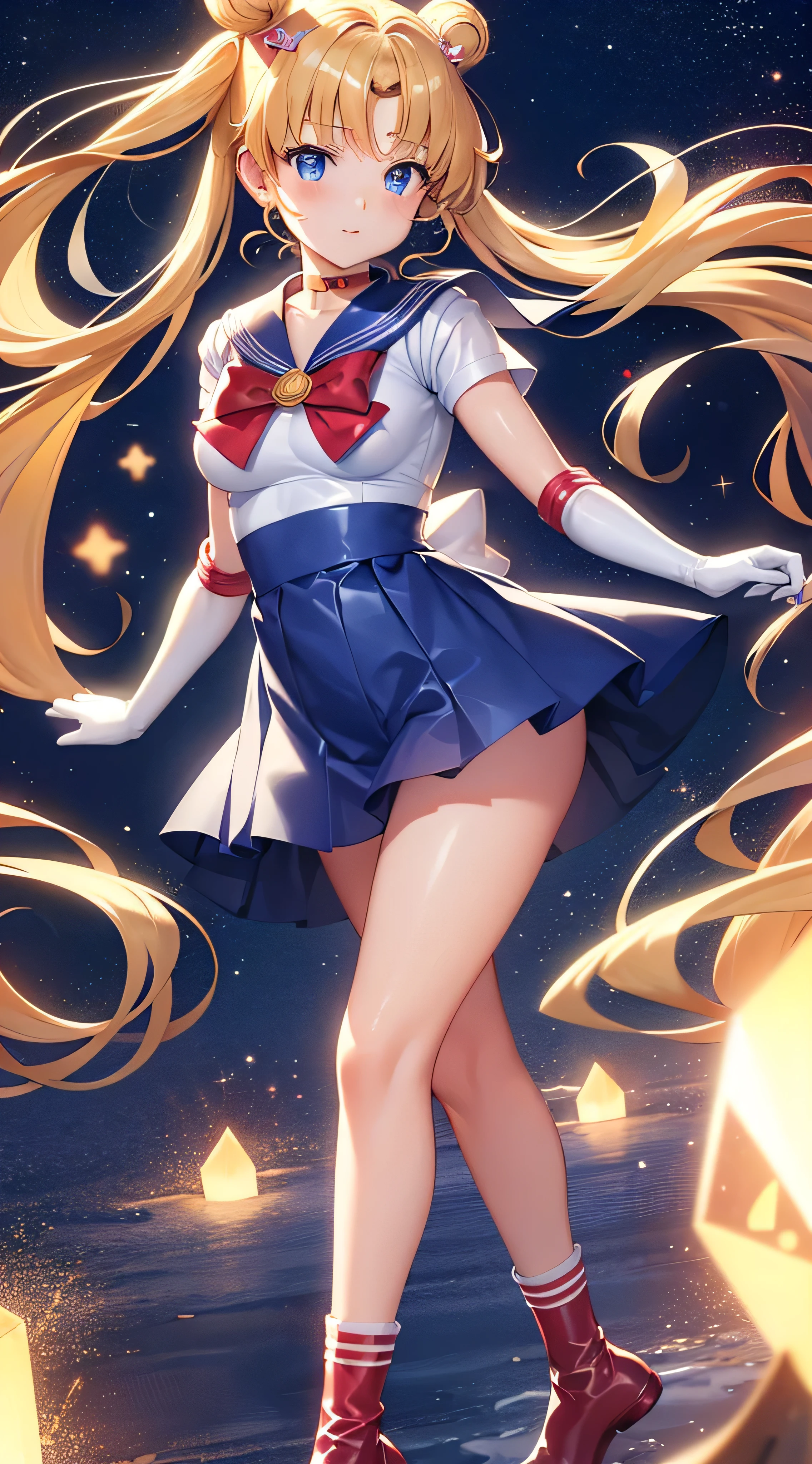 (best quality:1.4), highres, masterpiece, 4k, ultra detailed, intricate detail, tsukino usagi, blonde hair, blue eyes, very cute, happy, blush, (latex sailor uniform:1.4), (latex skirt:1.4), (latex socks:1.4), (small breasts:1.4), standing, full body, looking at viewer, upskirt, out doors, night, starry sky,