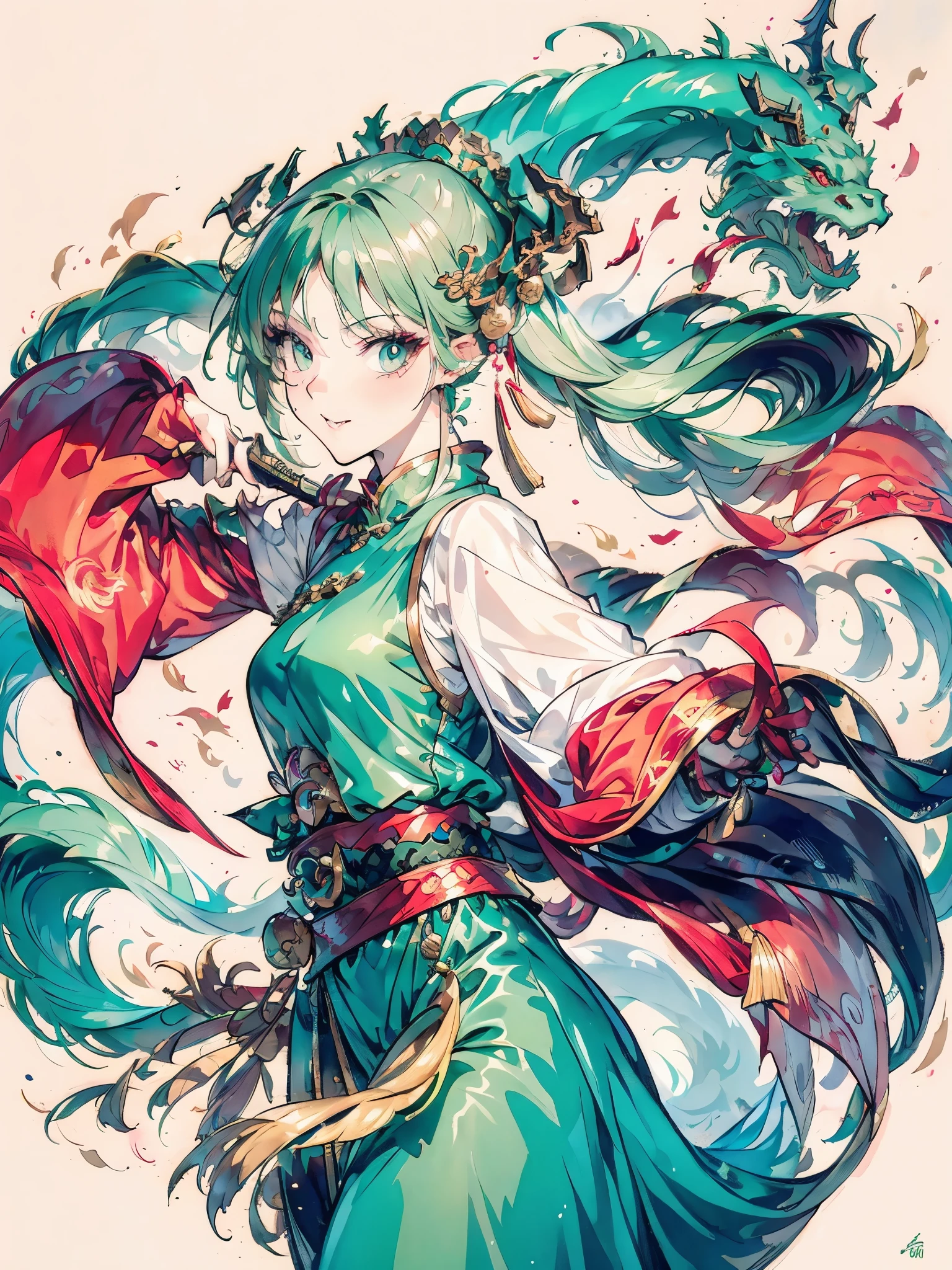 Women in Their 20s、green colored hair、Longhaire、Green eyes、Dragon horn、golden hair ornaments、White china clothes、jumpping、Smile、dancing with a fan、Dragon and Chinese cloud in the background